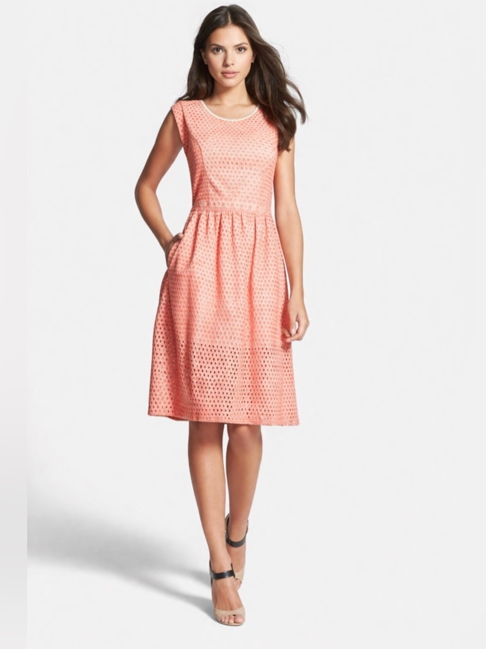 Rebecca Minkoff Shelly Coral Eyelet Dress Fit Flare Sleeveless Size 2